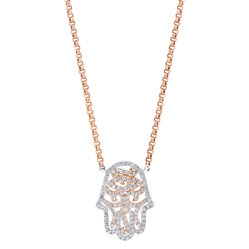 TWO-TONE FANCY DIAMOND HAMSA NECKLACE WITH A ROSE GOLD CHAIN