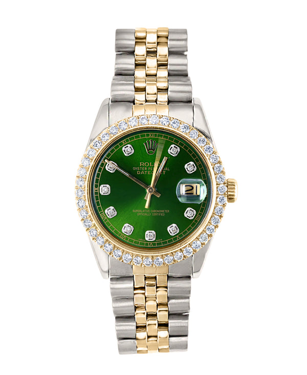 ICED OUT ROLEX DATEJUST TWO TONE GREEN DIAMOND DIAL & DIAMOND BEZEL