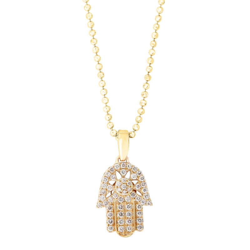 YELLOW GOLD ROUND DIAMOND CUT HAMSA PENDANT WITH DIAMOND CUT MOON CHAIN