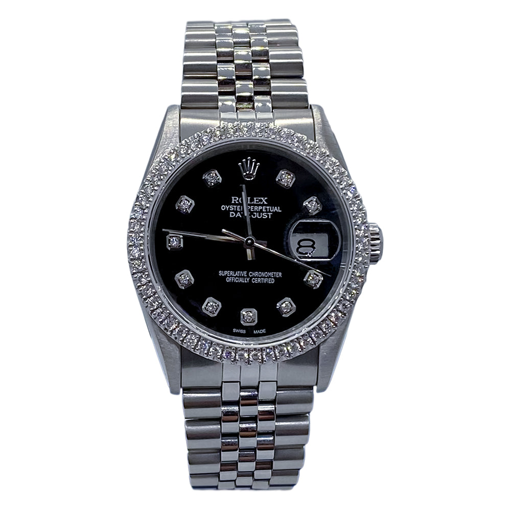 ROLEX STEEL DATEJUST DIAMOND DIAL DIAMOND BEZEL 16220 – Nelly's and Co
