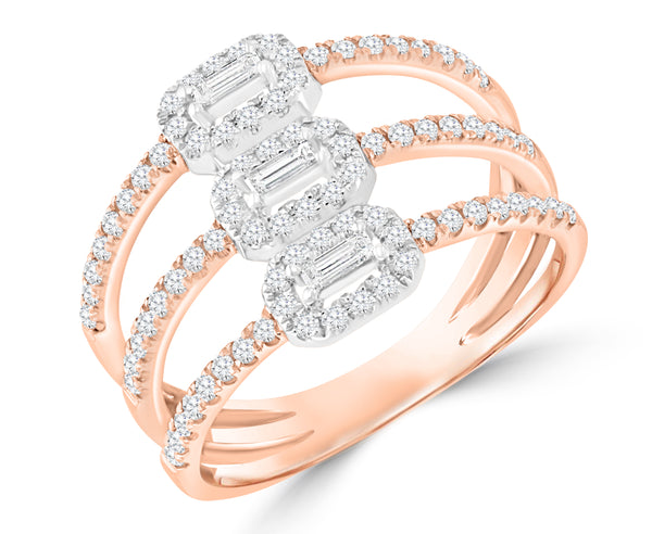 ROSE GOLD ROUND BAGUETTE DIAMOND TRIPLE BYPASS RING 0.50 Ct.