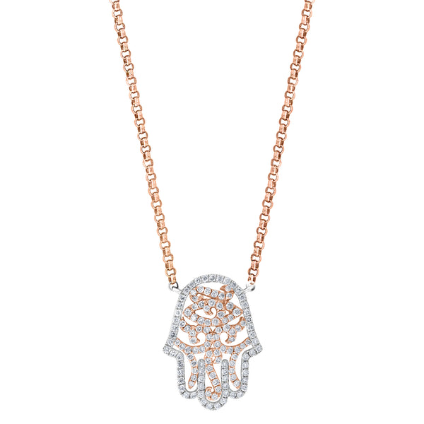 TWO-TONE FANCY DIAMOND HAMSA NECKLACE WITH A ROSE GOLD CHAIN