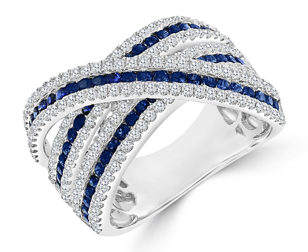 WHITE GOLD SAPPHIRE & ROUND DIAMOND CROSSOVER RING 0.90cttw.