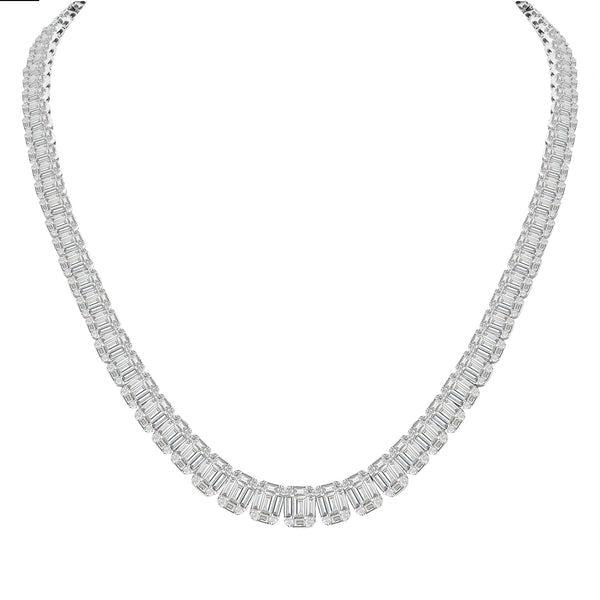 14K WHITE GOLD FANCY UNISEX TENNIS NECKLACE, WITH EMMERALD CUT AND ROUND CUT DIAMONDS