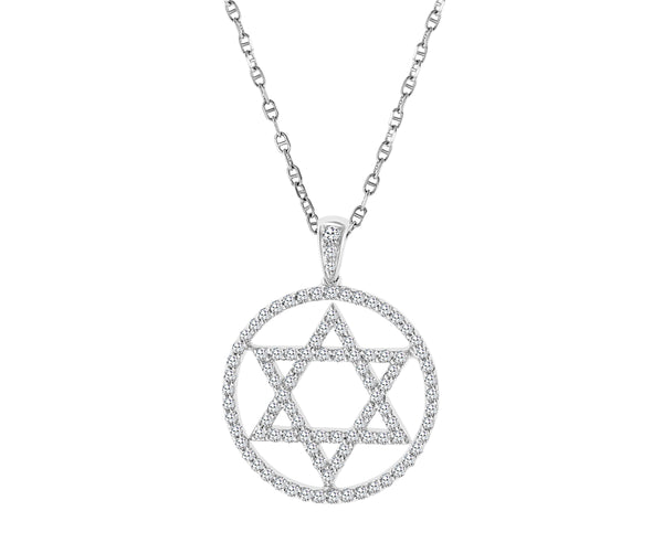 WHITE GOLD DIAMOND STAR OF DAVID IN CIRCLE NECKLACE 0.75cttw.