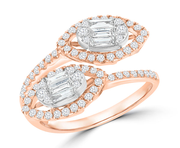 ROSE GOLD ROUND & BAGUETTE DIAMOND OPEN COCKTAIL RING 0.65cttw.