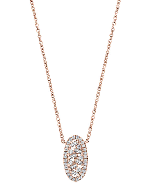 ROSE GOLD BAGUETTE & ROUND DIAMONDS OVAL SHAPED NECKLACE 0.20cttw.