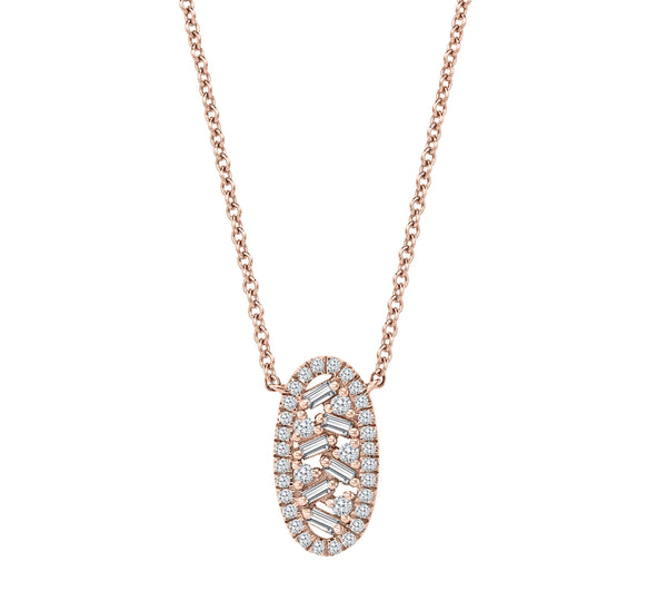 ROSE GOLD BAGUETTE & ROUND DIAMONDS OVAL SHAPED NECKLACE 0.20cttw.